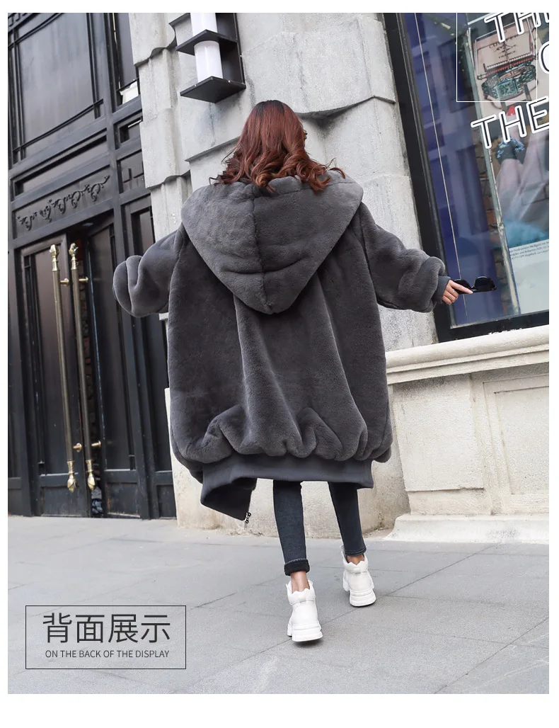 Новинка, зимнее пальто из искусственного меха кролика Рекс, утепленное длинное меховое пальто с капюшоном, меховое плюшевое пальто