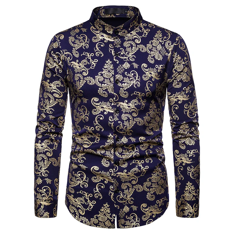 Для мужчин s ночной клуб Пейсли бронзовое платье рубашки Slim Fit Мандарин воротник