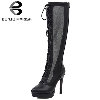 

BONJOMARISA 2020 New lace-up Summer Knee High Boots Sweet Summer Mesh Boots Women High Thin Heels Date Shoes Woman