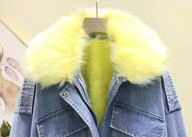 Зимняя новая джинсовая куртка съемный для женщин плюшевый толстый вкладыш теплое пальто высокого качества воротник из искусственного меха женское короткое хлопковое пальто