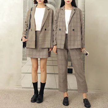 

Vintage 2 Piece Pant Suit Ladies Loose Plaid Long Blazer Jacket+Harem Pants Trouser 2020 Spring Casual Women Suits Female Sets