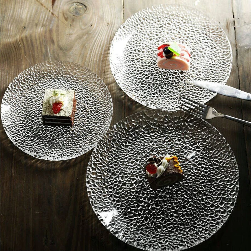 

Scandinavian glass dinner plate embossed patternTransparent tableware snack plate Round dessert fruit plate kichen dinnerware