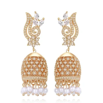 

Indian Bollywood Women AAA Zircon Beads Bells Tassel Drop Dangle Earrings Ethnic Bridal Wedding Party Fashion Jewelry Gifts