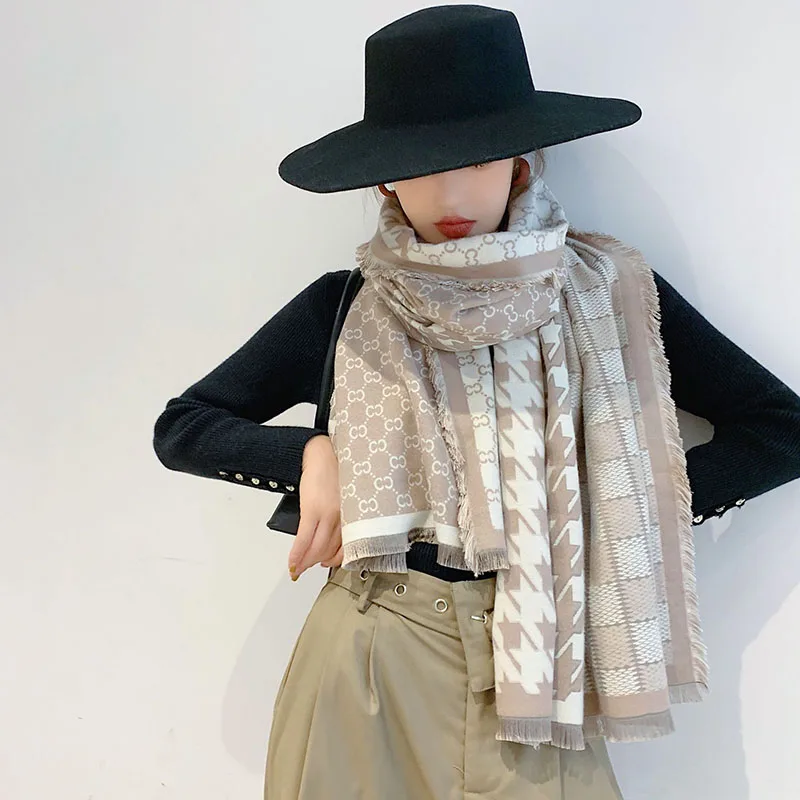 Новое поступление, женские кашемировые шарфы с узором «гусиная лапка», двухсторонний женский зимний плотный теплый шерстяной шарф-одеяло - Цвет: 1