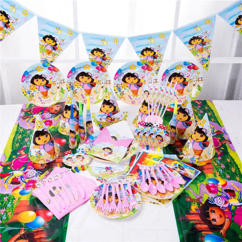 90 шт с принтом «Даша-путешественница», комплект одежды для детей День рождения поставки Бумага чашки тарелки салфетки Праздничная скатерть для будущей мамы украшения подарки для мероприятий - Цвет: 90pcs set