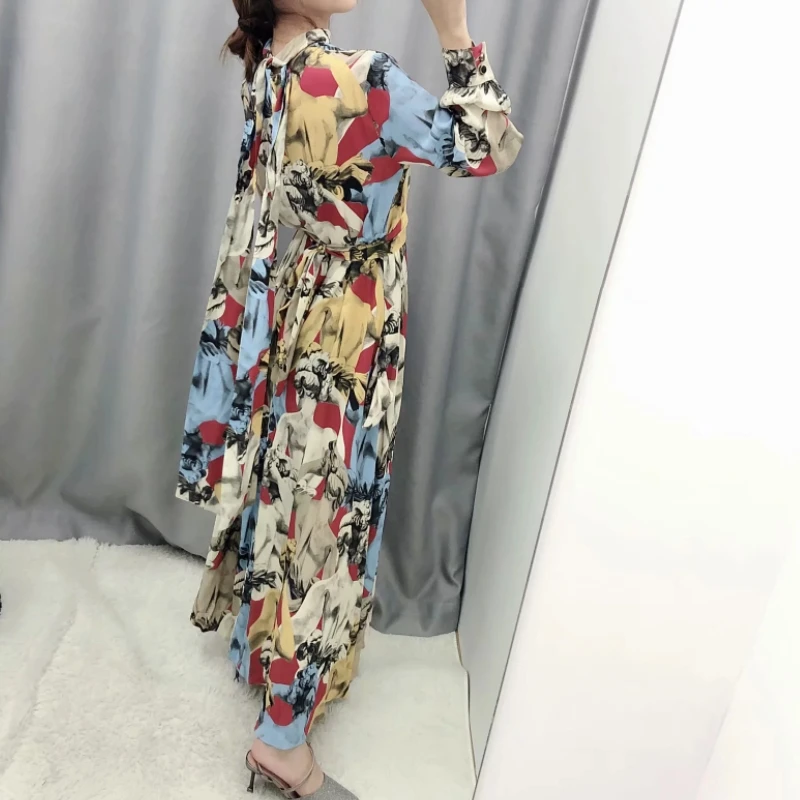 Cheap New Women vintage contrast color ink painting print casual sashes long Dress ladies stand collar bow tied vestido Dresses DS3047