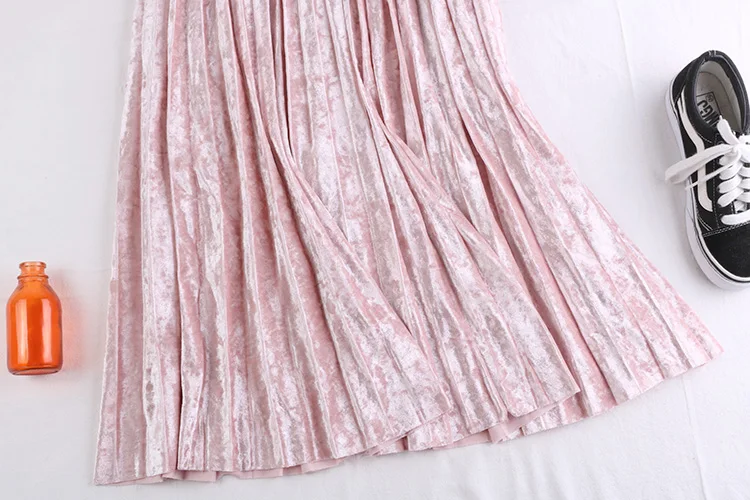 winter elastic stretchy high waist midi pleated a line velvet skirt for women warm thermal womens skirts ladies saia saias pink