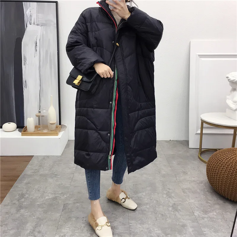 

2018 Autumn And Winter New Style Korean-style Stand Collar over-the-Knee Long Cotton Coat Loose And Plus-sized Cotton-padded Clo