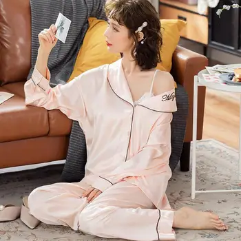 

Embroidery Letter Pajamas Sets 2PCS Sleepwear Women Satin Pajamas Suit Long Lseeve Sleep Set Female Casual Home Clothing