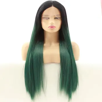 

Black Ombre Green Silky Straight Synthetic Lace Front Wig Hand Tied Heat Glueless Resistant Fiber Middle Parting Hair For Women