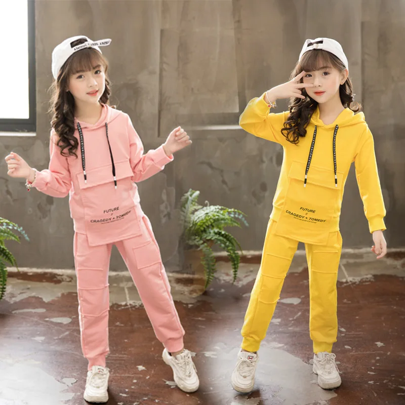 

Girls Long Sleeve Two-Piece Set Big Boy Spring New Style Childrenswear Children Solid Color Large Pocket Set Fashion