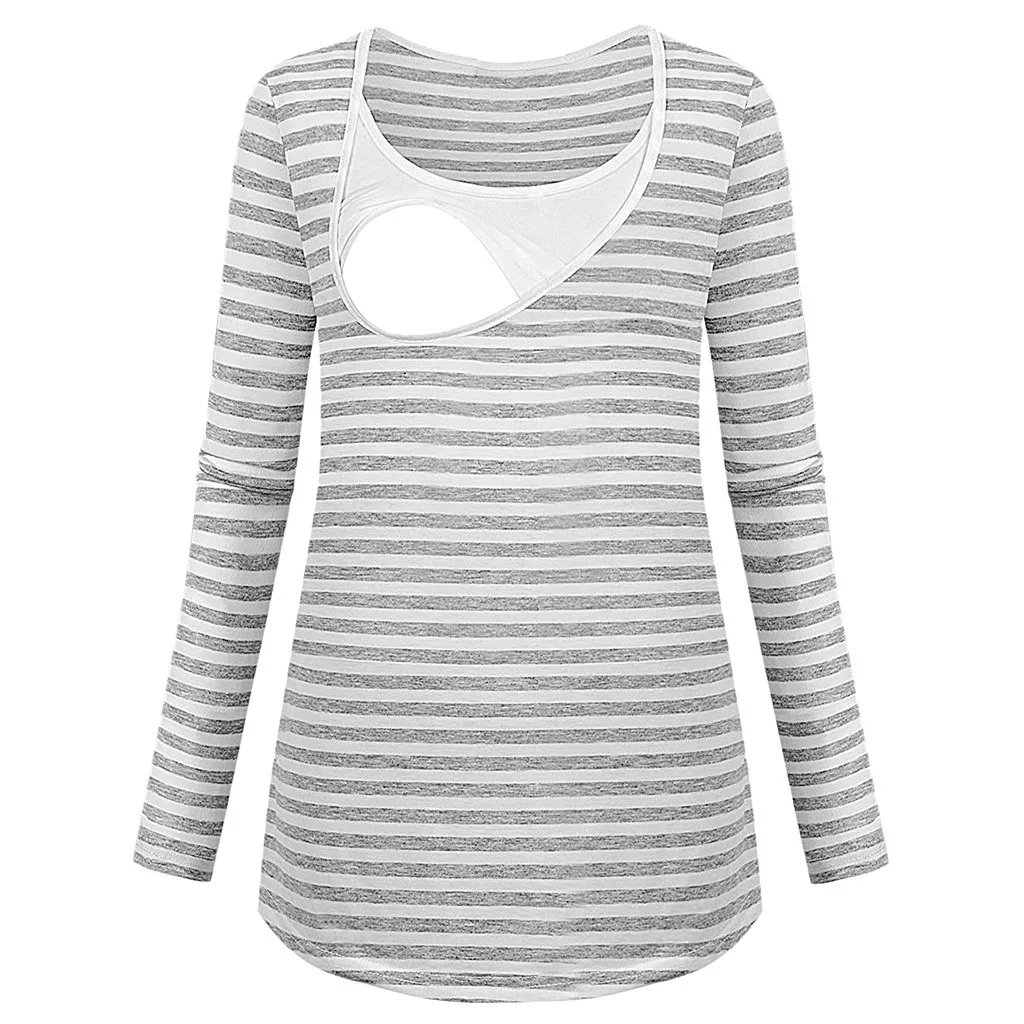 MUQGEW новейшая Пижама для беременных полосатые футболки топ для кормления грудью для женщин Повседневная Футболка для беременных блузка odziez ciazowa - Цвет: Gray