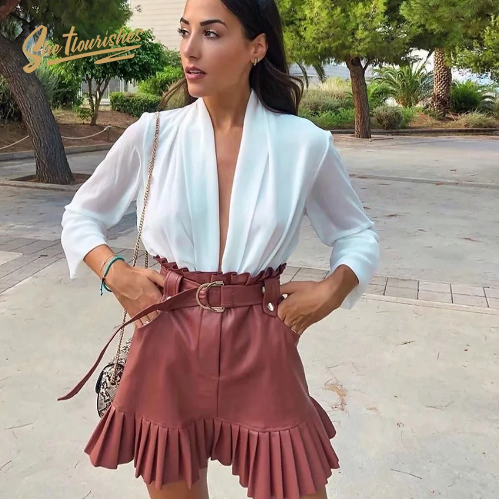 Женские юбки sheflouses из искусственной кожи, плиссированные мини-юбки с высокой талией, женские юбки из искусственной кожи, черные, зеленые, коричневые, SFA2a