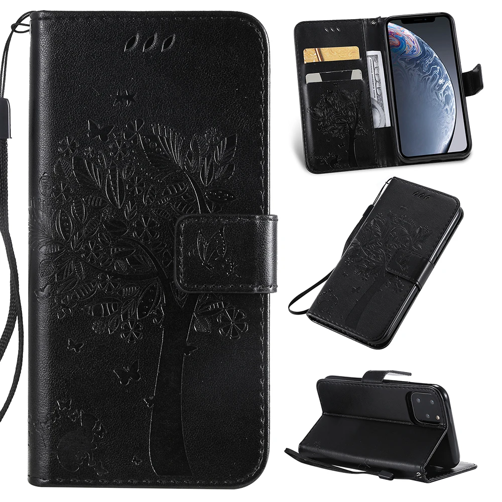 Прекрасный 3D тисненый дерево кошка шаблон Флип кожаный чехол для IPhone X XS XR MAX 6S 7 Plus