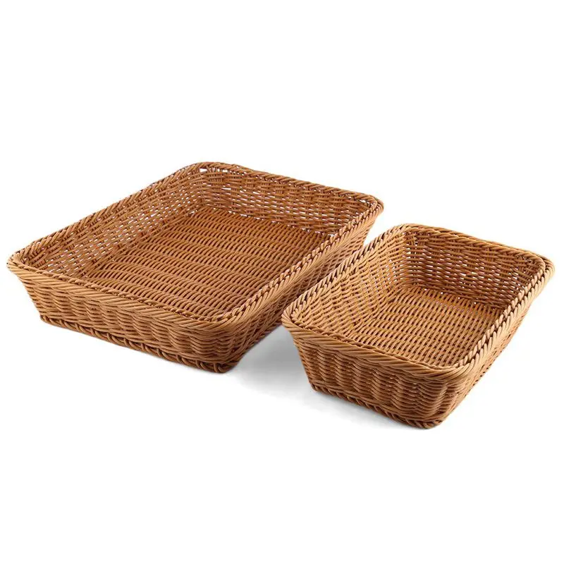 

Bread Basket 2Pcs Rectangle Imitation Rattan Woven Storage Basket For Fruit Food Vegetables Large Poly Wicker Bread Basket