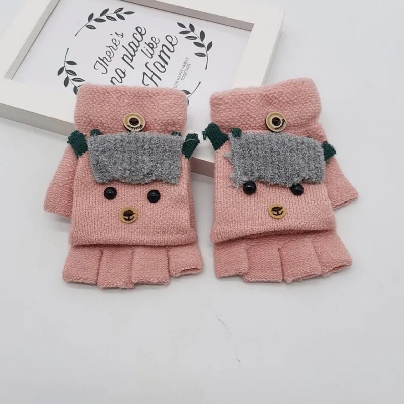Детские зимние теплые перчатки с мультипликационным принтом; универсальные Хлопковые вязаные перчатки на полпальца; варежки; вязаные перчатки