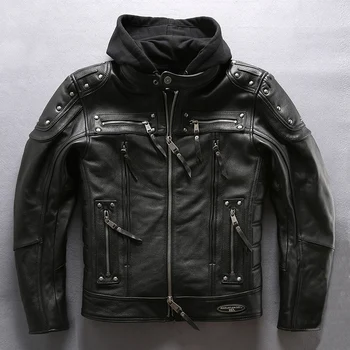 

Free Shipping 2020 Genuine Leather Jacket New Top Men's Brand Dersigner Vintage Jacket Motorcycle Bicycle Rivet Coat