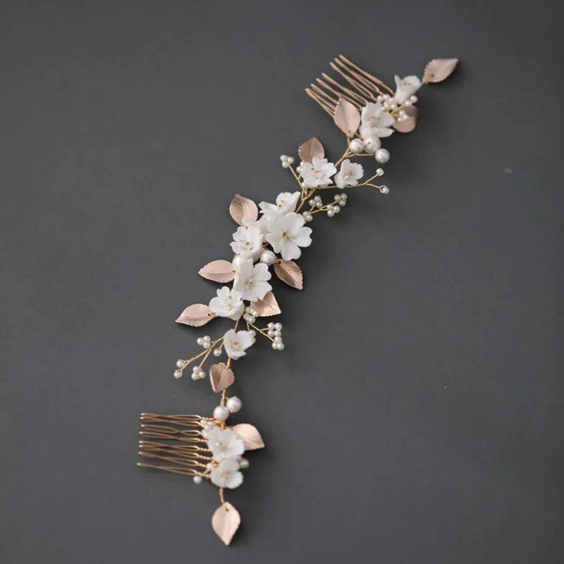 Floralbride Handmade Ins Style Ceram Flower Leaf Crystal Bridal Hair Comb Chain Wedding Headdress Hair Accessory Women Jewelry