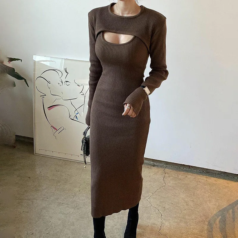 Winter Knit Maxi Dress Women Korean Fashion Two Pieces Shawl Cropped Sexy Hollow Out Bodycon Evening Party Brown Dresses Woman | Женская
