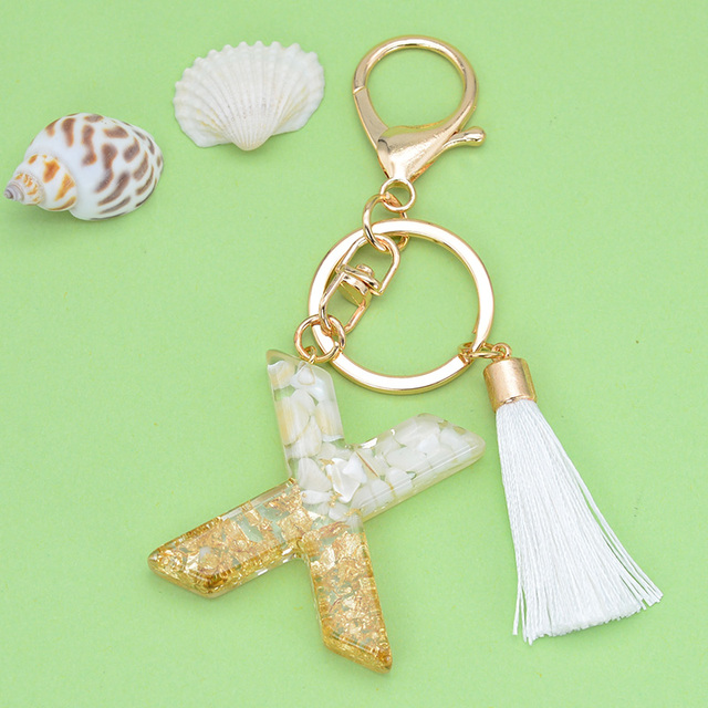 Gold Tassel Alphabet Keychain English Letter Keyring Glitter Gradient Resin Gold Leaf Crafts Car Mirror Handbag Charms