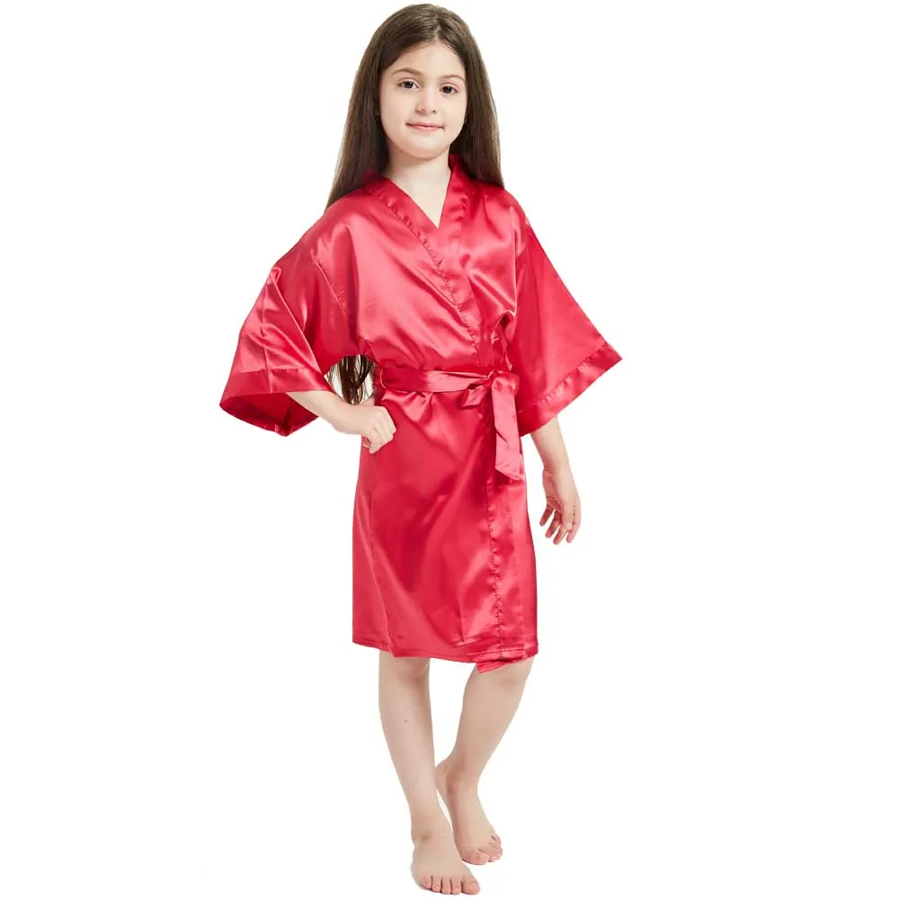 Girls Stain Kimono Solid Silk Bathrobes Kids Red Nightgowns Girl