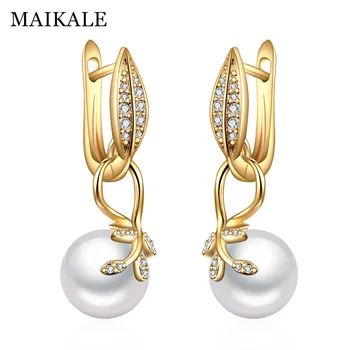 

MAIKALE New Simple Leaf Shape Drop Earrings With Pearl Gold Silver Color AAA Cubic Zirconia Korean Earrings For Women Send Gifts