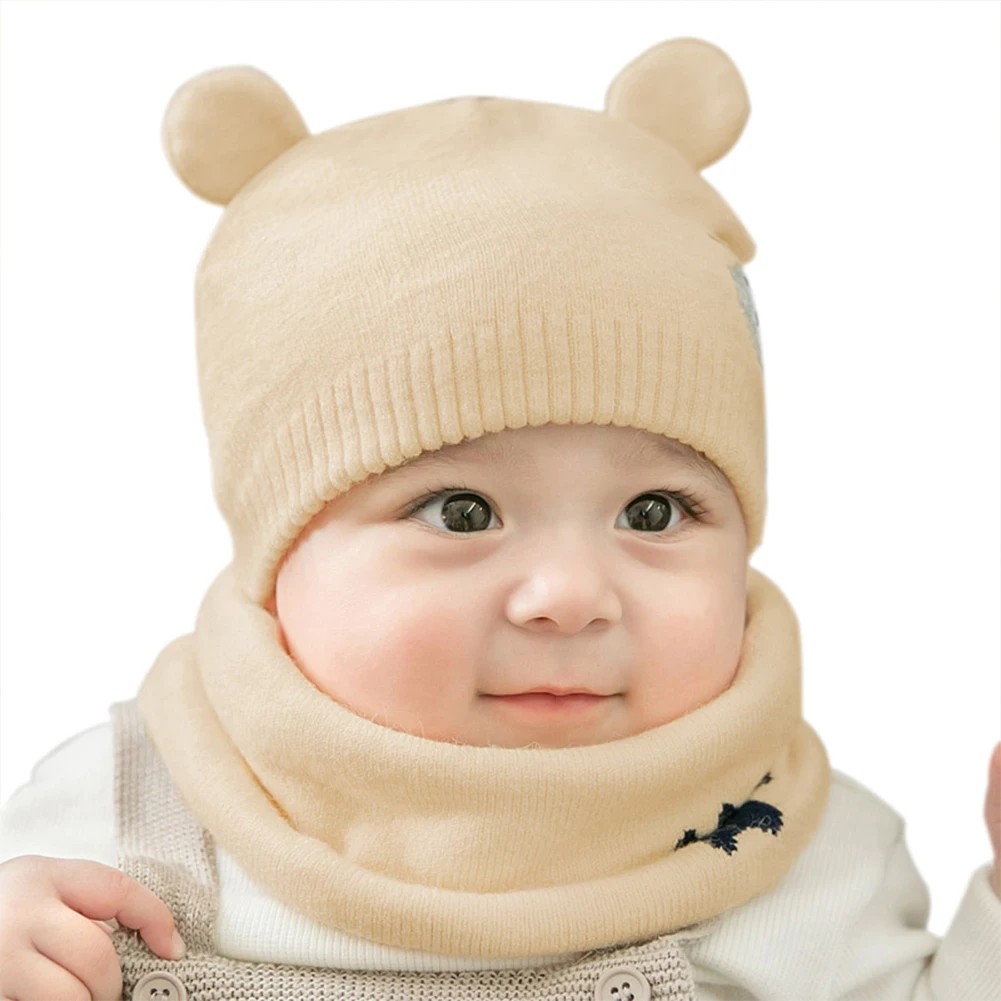 Бежевый Детская зимняя шапка s наборы с шарфом теплая вязаная шапочка милый мультяшный медведь шапочка для продажи - Цвет: Бежевый