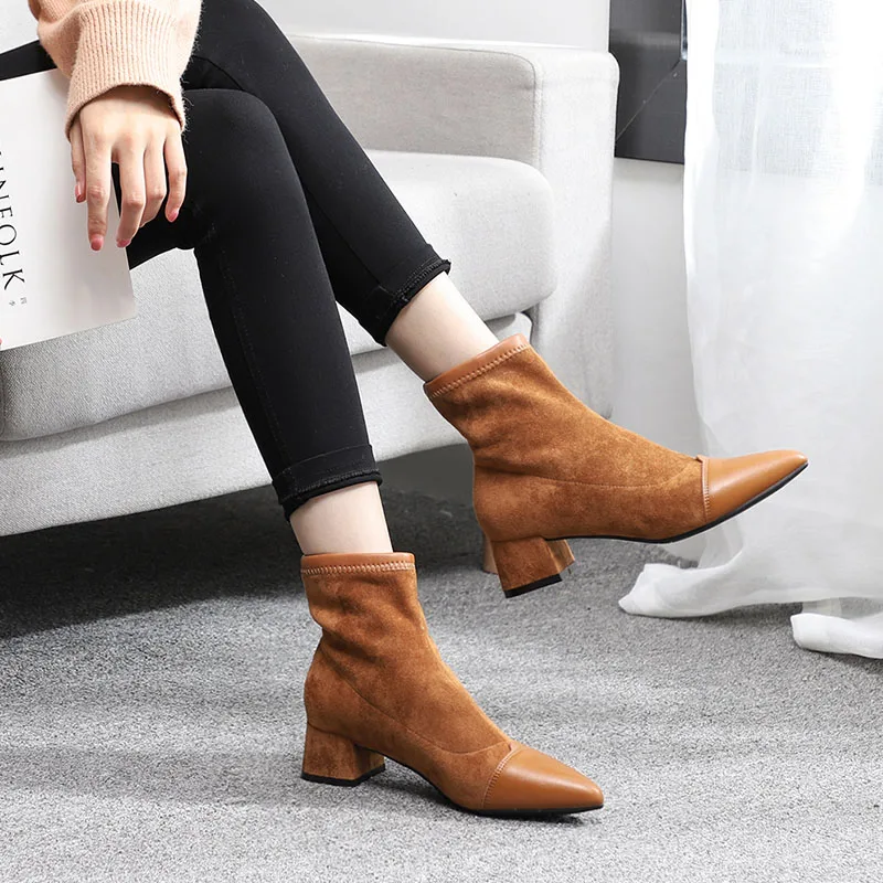 

Woman Boots Ankle Short Boots Flock Pointed Toe Square Heels Winter Booties Woman On Women Martin Boots Black botines muje