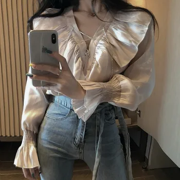 

women stylish chiffon blouse ruffled transparent V neck long sleeve female summer sexy wear top blusas 2020