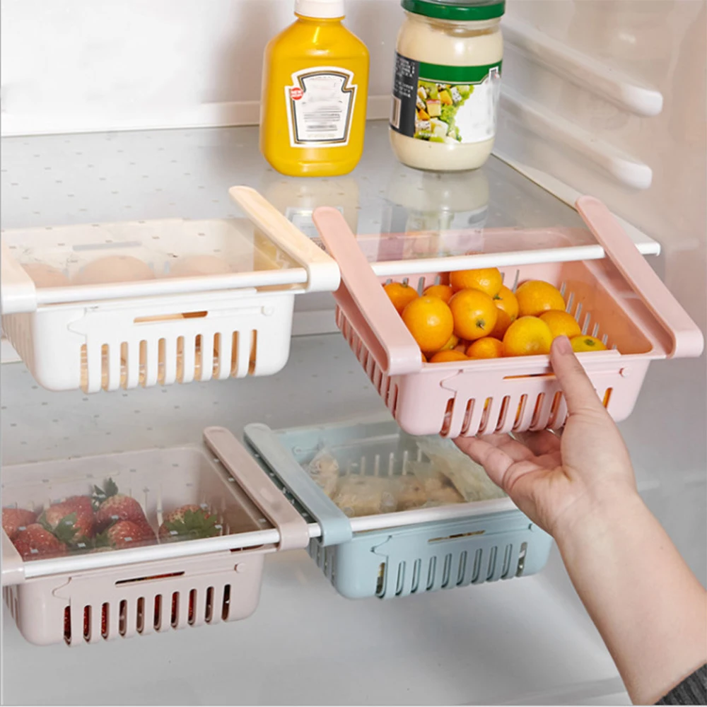 

Adjustable Refrigerator Shelf Racks Holder Fridge Shelf Holder Pull-Out Storage Drawers Organiser Space Saver Food Storage Boxs