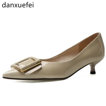 

Women's genuine leather slip-on kitten heel pointed toe pumps low heel soft comfortable metal buckle elegant ladies daily shoes