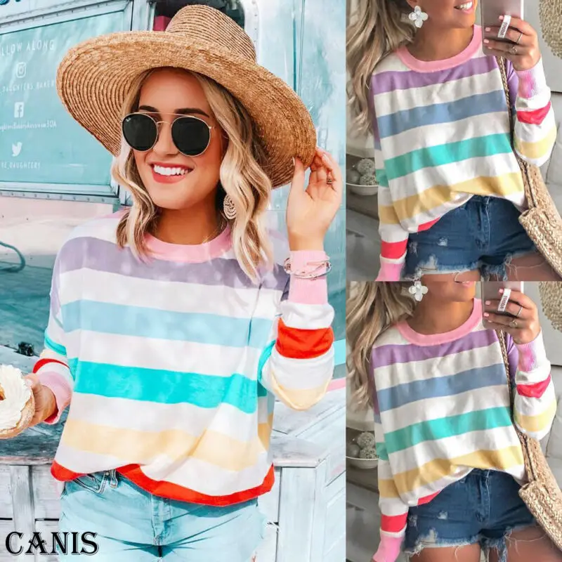 Осенняя женская блузка с длинным рукавом круглым вырезом радужная полосатая