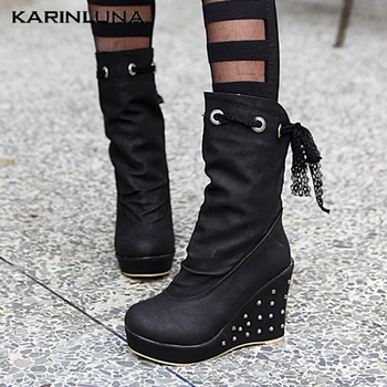 

Fashion Brand New High Quality woman shoes Wedges Round Toe Rivet Platform Slip-On Autumn Winter Solid Mid-calf Boots