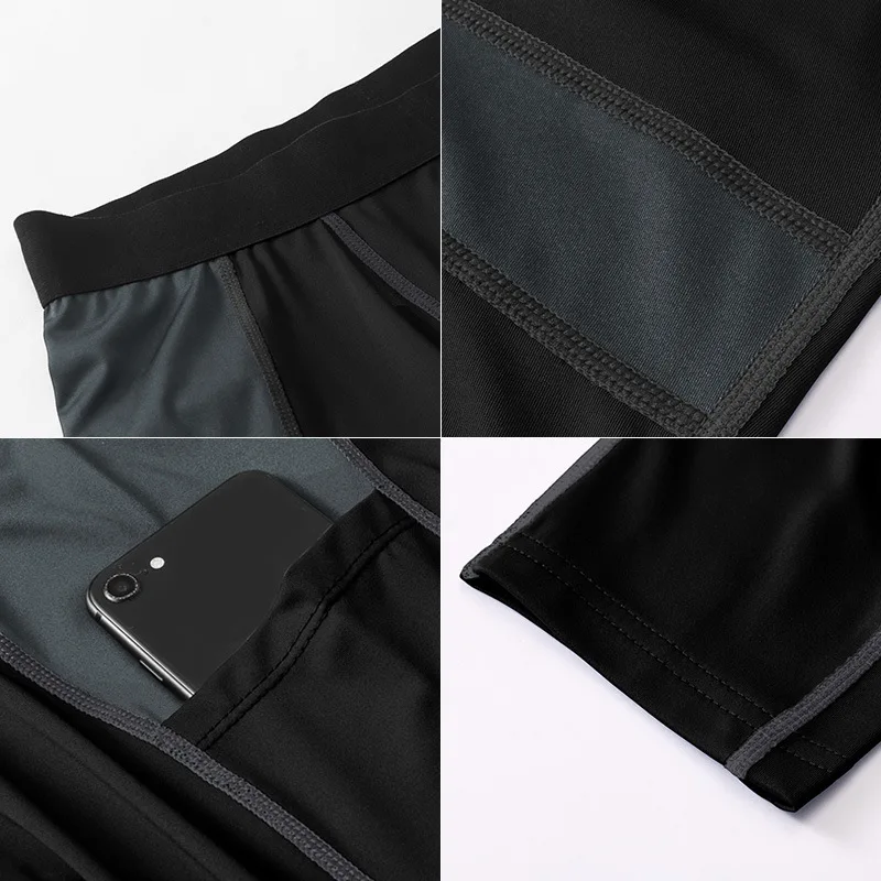 Men Patchwork Compression Running Tights Trousers Phone Pocket Elastic Leggings Fitness Gym Bodybuilding Long Pants