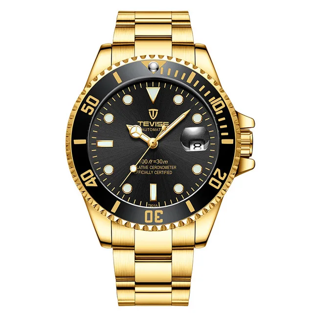 TEVISE, зеленые часы, мужские, автоматические, механические, с защитой от царапин, вращающиеся, внешнее кольцо, водонепроницаемые, светящиеся, мужские часы, Топ бренд класса люкс - Цвет: gold black-1