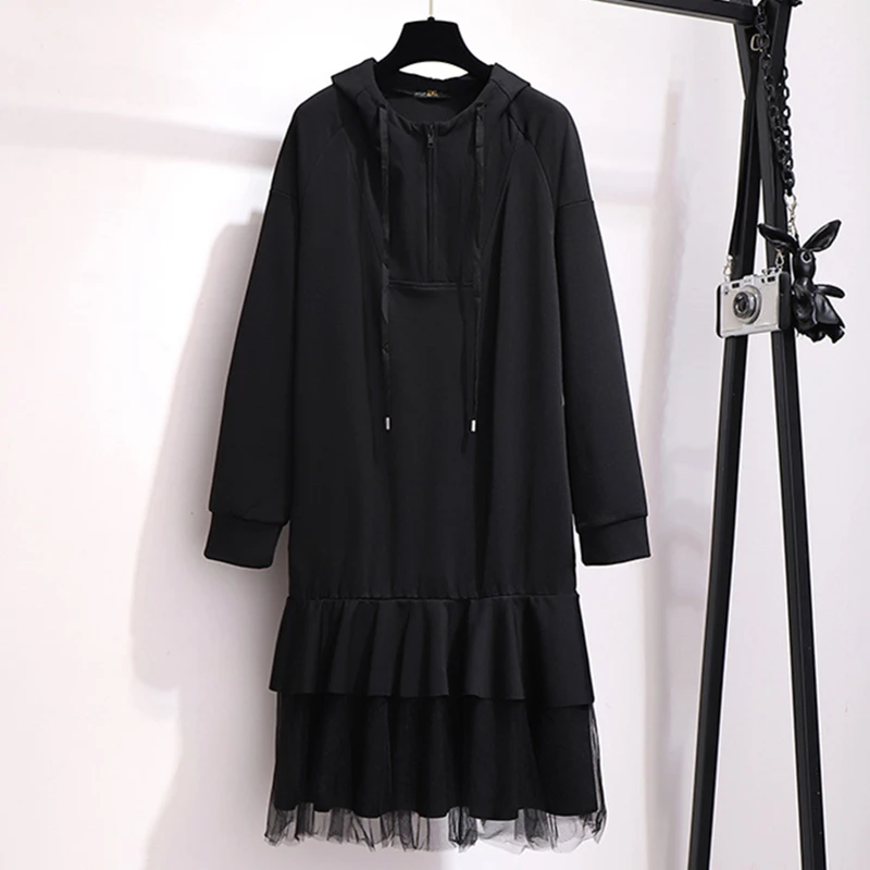 

2020 New Spring Women Solid Color Lace Fashion With Cap Dress Ladies Splice Loose Cotton Plus Size High Quality Dresses LT114