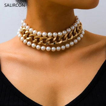 

Salircon 3pcs Layered Imitation Pearl Choker Necklaces Punk Goth Cuban Clavicle Chain Chunky Necklace Women Gold Color Jewelry