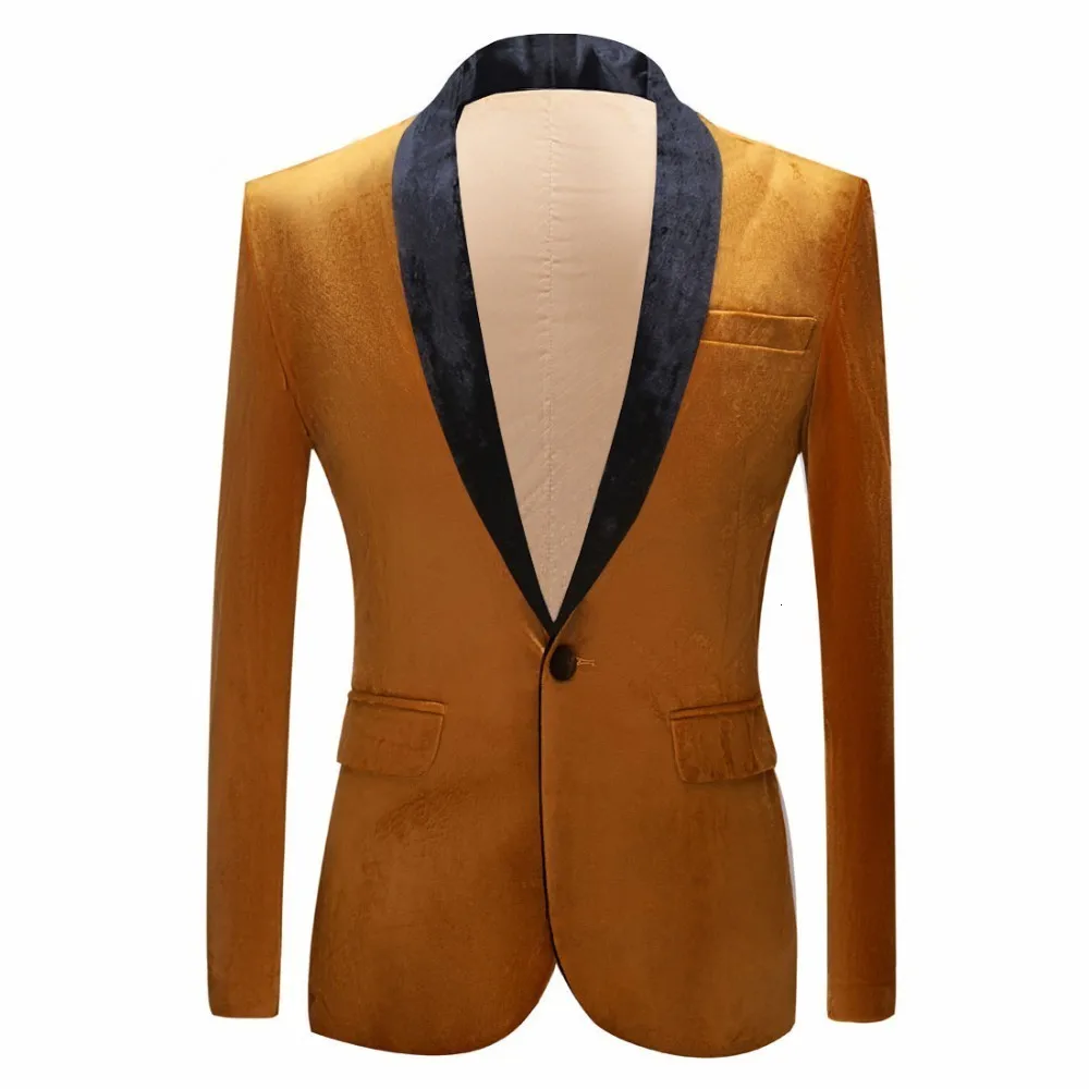 Золотой PYJTRL Autumn Winter Wedding Groom Shawl Lapel Gold Blazer For Men Shiny Velvet Suit Jacket Stage Singers Prom Slim Fit Blazers - Цвет: Золотой