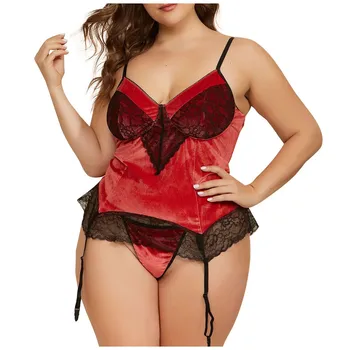

Plus Size Sexy Lingerie Women Velvet Lace Corset Babydoll Sexy Underwear Bodysuit Porno Nightdress+Thong+Garter Erotic Langerie