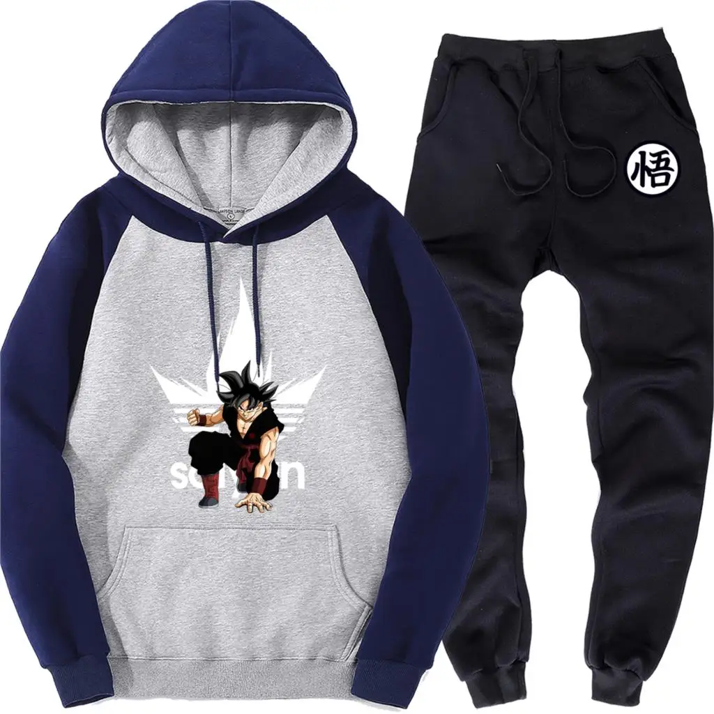 dark blue gray 6 Dragon Ball Мужской Реглан Пуловер Спортивные Брюки Весна флис брендовая одежда костюм мужской бренд Harajuku толстовка+ брюки 2 шт. наборы - Цвет: dark blue gray 6