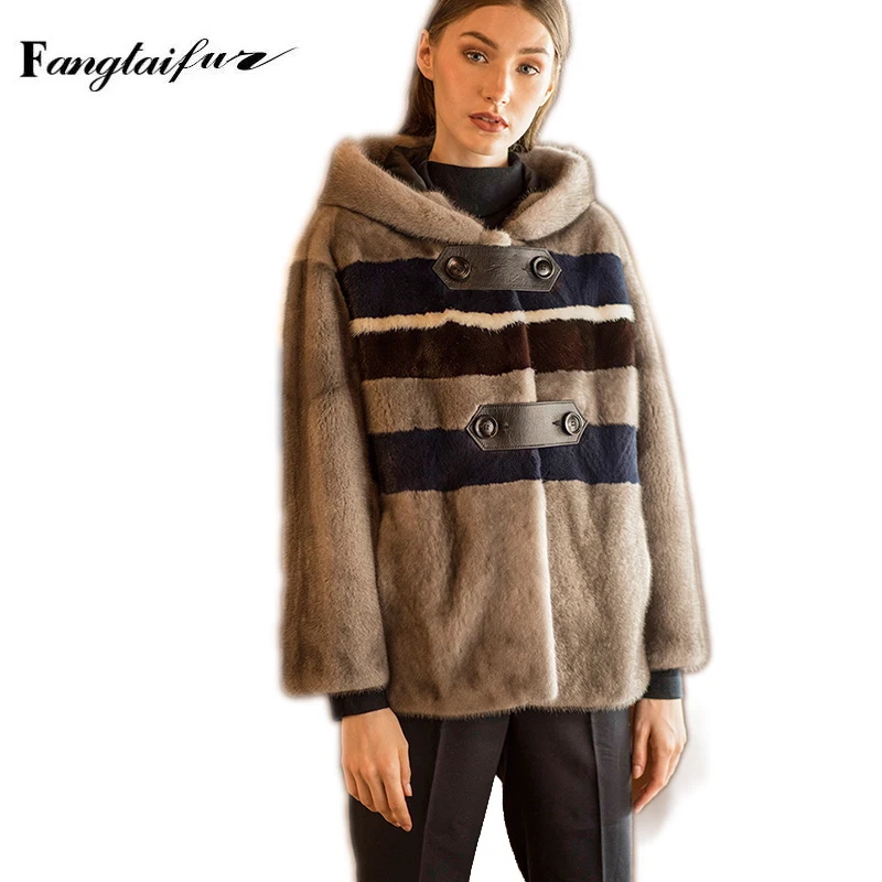

Fang Tai Fur 2019 Winter Velvet Mink Fur Overcoats For Femal Patchwork Line With Fur Hood Mink Coat Women's Short Real Fur Coats