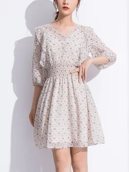 

French Chiffon Floral Dress Female 2020 nian Spring New Waist Thin V-neck Long-Sleeve Little A- line Dress