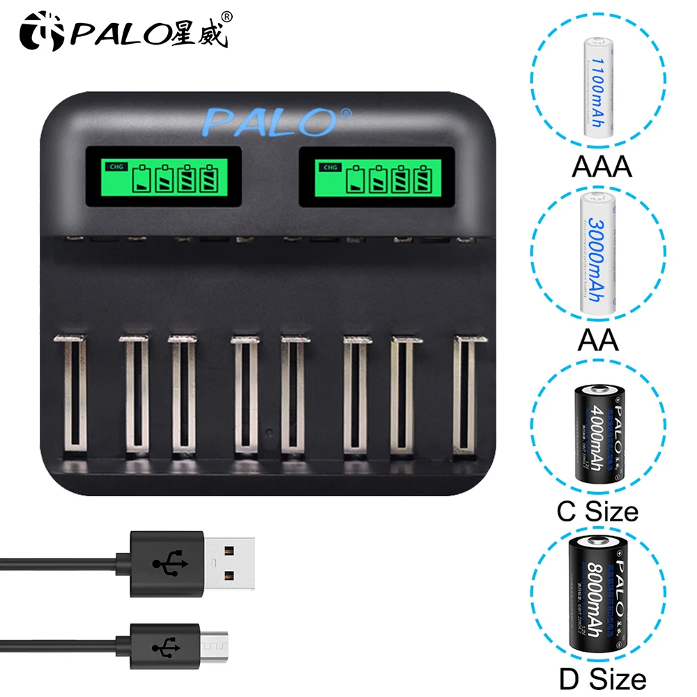 USB Smart lcd быстрое зарядное устройство AA AAA C D зарядное устройство 8 слотов для 1,2 V AA AAA SC C D NIMH NICD аккумуляторная батарея