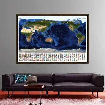 

150x100cm The World Topography And Bathymetry Map Aerial View Of Satellite Map With National Flags For Geographic Research