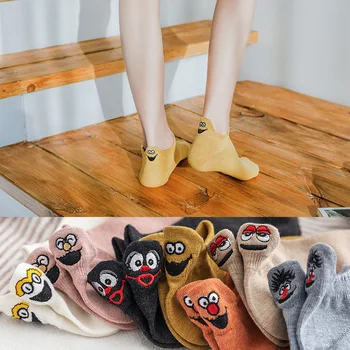 

5 Pairs/Pack Kawaii Embroidered Expressio Women Socks Happy Fashion Ankle Funny Socks Women Cotton Summer Candy Color