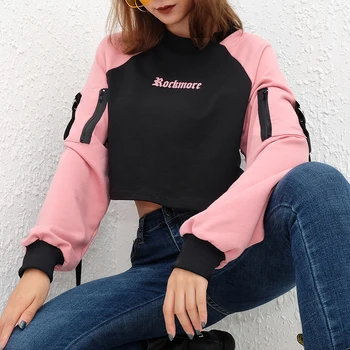 

Cotton Splice Casual Hoodies Women Long Sleeve Sweatshirt Pink O Neck Belt Zipper Pocket Crop Hoodies Sweatshirts 2019