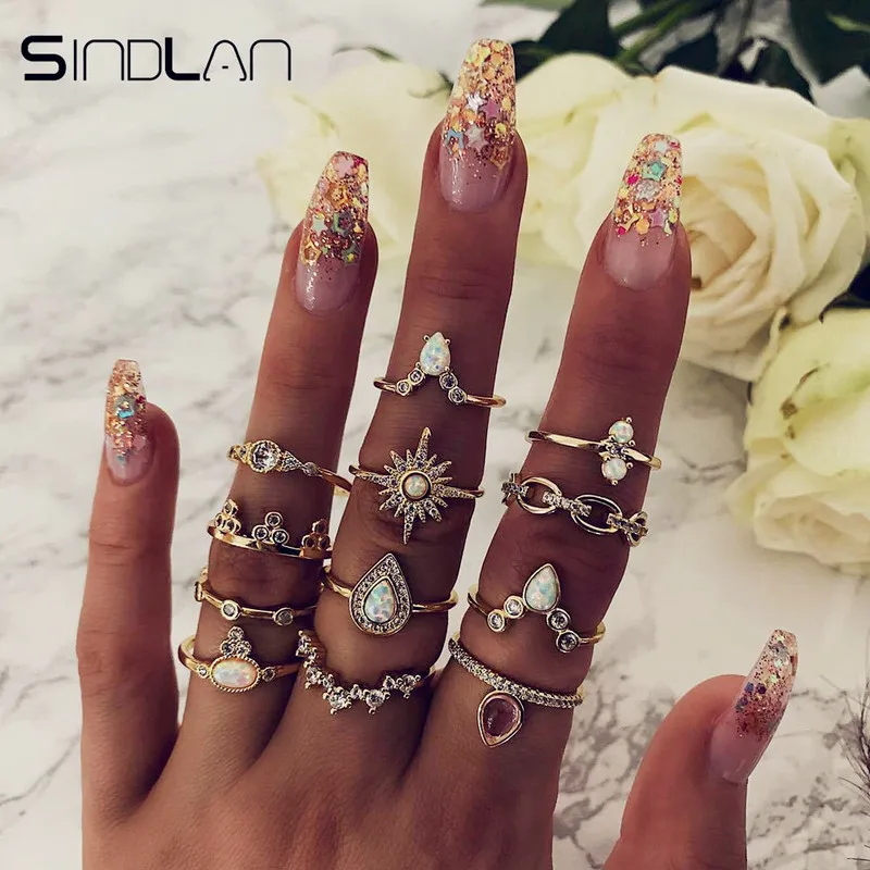 

Sindlan 12PCs Retro Gold Pearl Crystal Ring Star Boho Charm Finger Rings Set Party Wedding Engagement Rings for Women Joint Ring