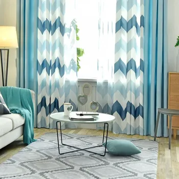 

Living Room Curtains Strip Blue Strip Stitching French Curtains Hotel Home Use Grey Printed Blackout Curtains Bedroom