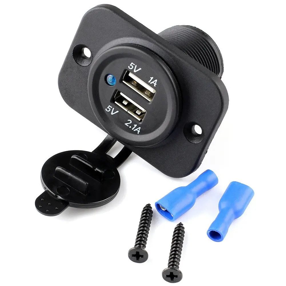 3.1Amp Waterproof Motorcycle Dual USB Port Charger Socket 1A % 2.1A for Car Boat Marine RV Mobile with Blue LED Indicator