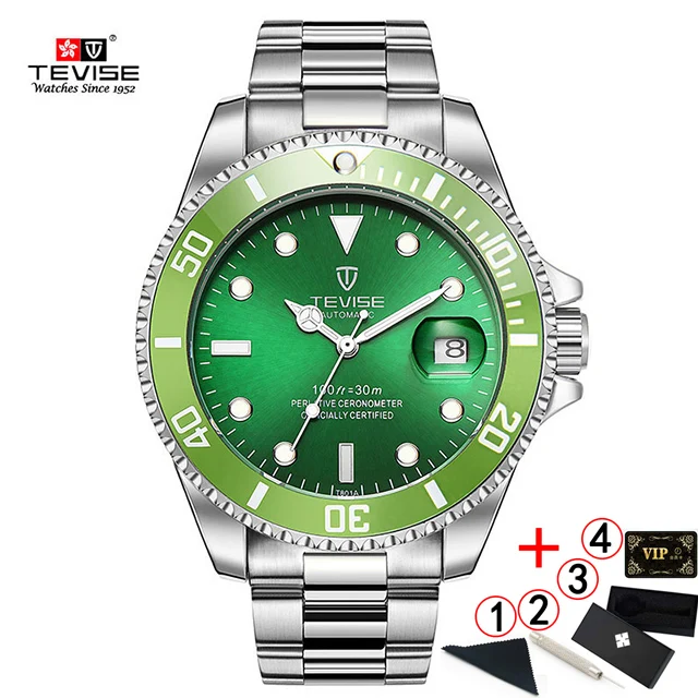 Tevise Luxury Waterproof Automatic Men Mechanical Watch Auto Date Steel Business Top Brand Man Watches Water Resistant - Color: 2-green-silver-box